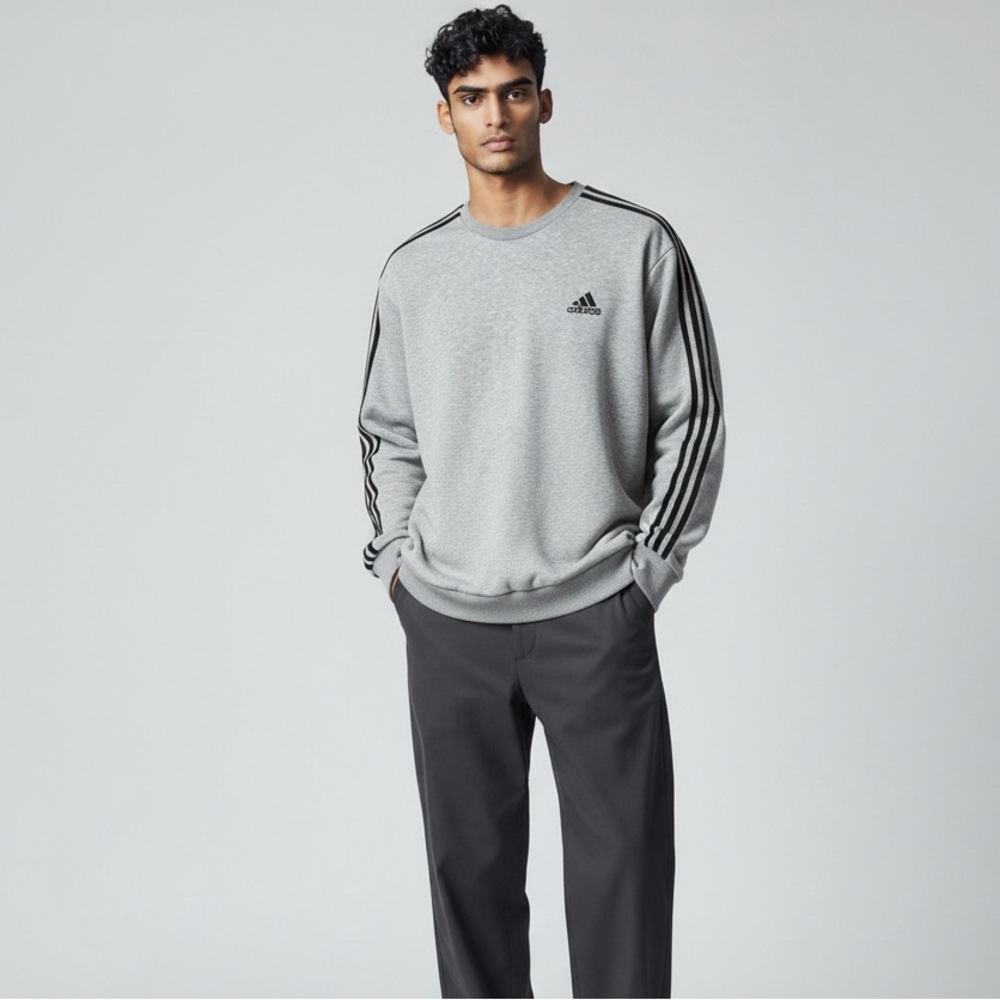 Adidas Gray Black Stripe Crewneck Sweatshirt Men’s XL Embroidered Logo Pullover